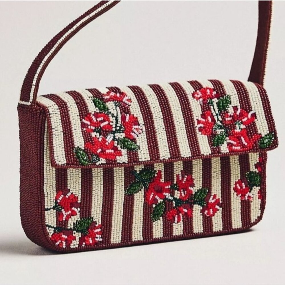 Anthropologie The Fiona Beaded Bag: Maroon Stripe Christmas Motif - Picture 4 of 4